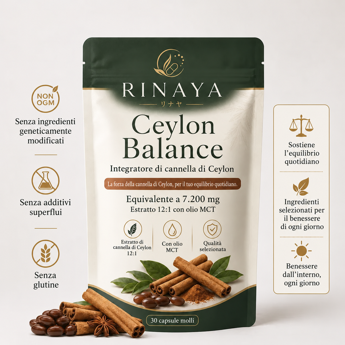 Rinaya | Cannella di Ceylon equivalente a 7.200 mg｜Estratto concentrato 12:1 con olio MCT - Ceylon Balance™